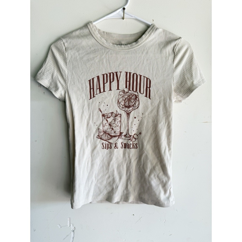 American Eagle Women's Hour Sips & Snacks Ribbed Graphic Baby Tee Size S